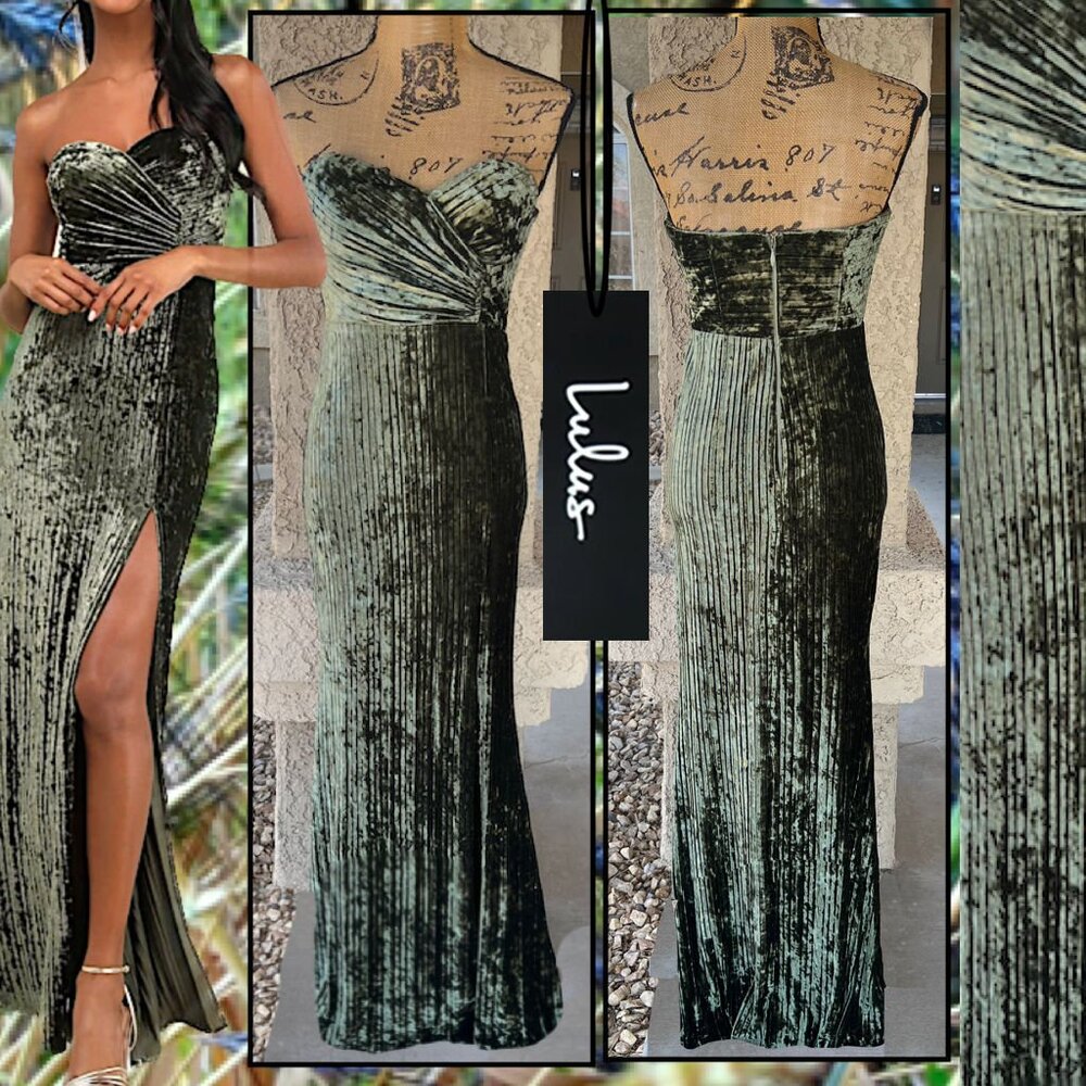 Lulus Olive Velvet Pleated Strapless Classy Sensation Maxi Dress Size M